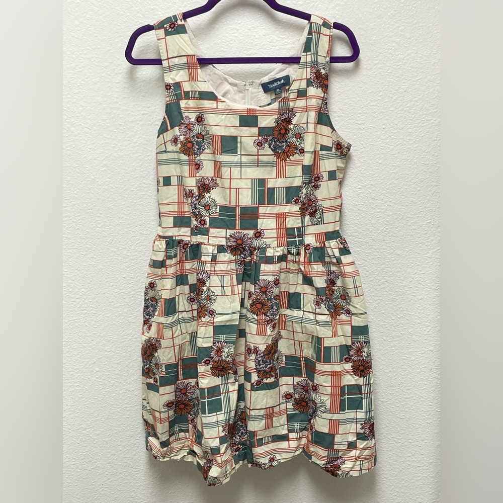 ModCloth XL Women’s Floral Checkered Sleeveless Cotton Dress with Pockets